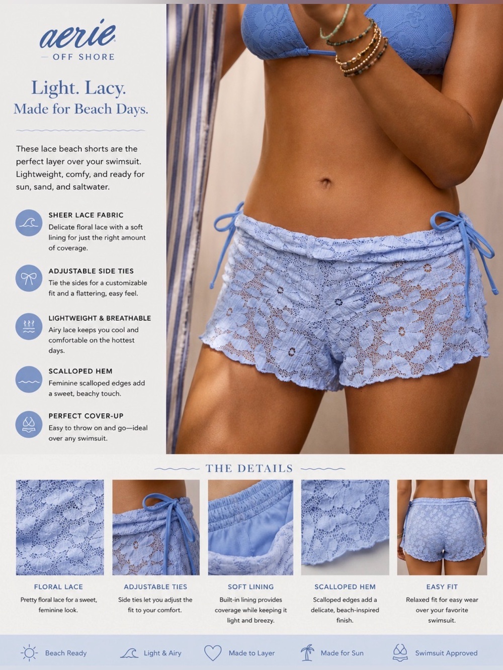 Aerie off shore Light Blue Lace Beach Shorts - Women